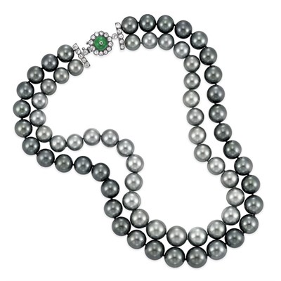 Lot 366 - Double Strand Gray and Black Cultured Pearl Necklace with Emerald Bead and Diamond Clasp