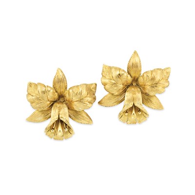 Lot 312 - Pair of Gold Orchid Earclips, Tiffany & Co.