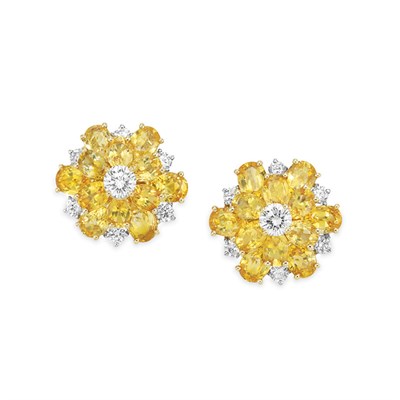 Lot 335 - Pair of Yellow Sapphire and Diamond Earclips, Oscar Heyman Bros.