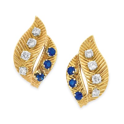 Lot 452 - Pair of Gold, Sapphire and Diamond Leaf Earclips, Van Cleef & Arpels