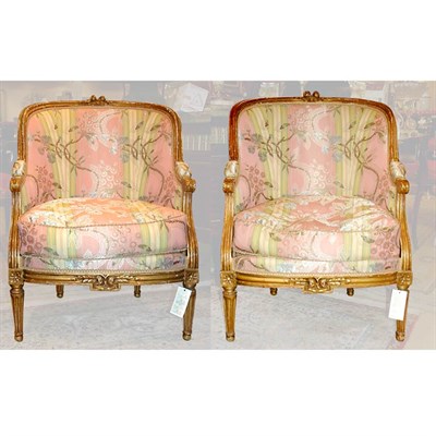 Lot 129 - Pair of Louis XVI Style Gilt-Wood Upholstered...