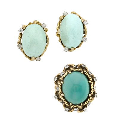 Lot 176 - Gold, Blue Stone and Diamond Ring and Pair of Gold, Turquoise and Diamond Earclips