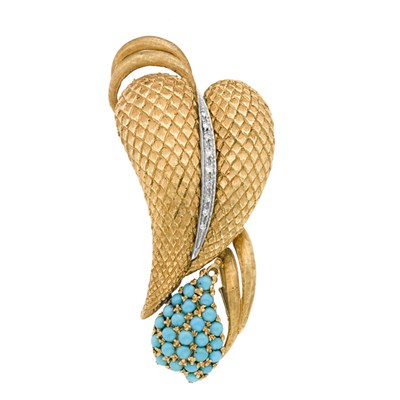 Lot 282 - Gold, Turquoise and Diamond Leaf Brooch
