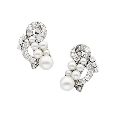 Lot 463 - Pair of Cultured Pearl and Diamond Earclips