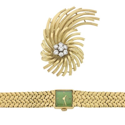 Lot 291 - Gold and Diamond Flower Brooch and Gold Wristwatch