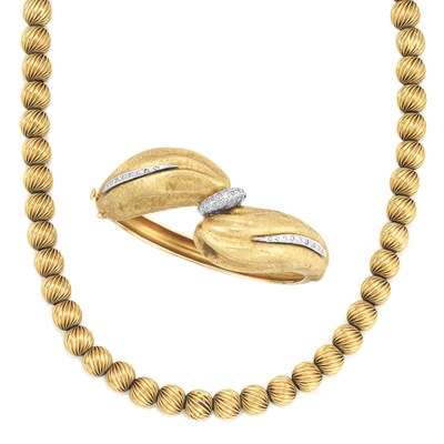 Lot 281 - Fluted Gold Bead Necklace and Gold and Diamond Bangle Bracelet