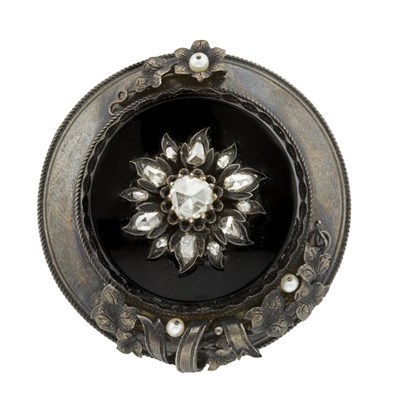 Lot 180 - Antique Gold, Silver, Black Onyx, Diamond and Seed Pearl Pendant-Brooch