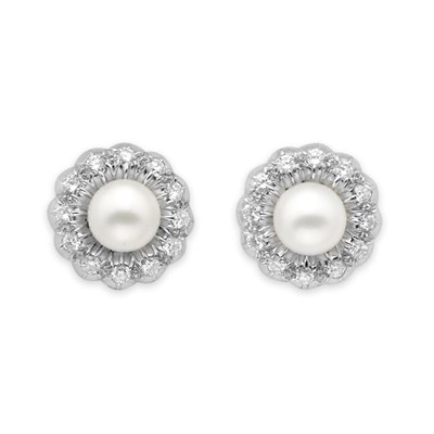 Lot 127 - Pair of Cultured Pearl and Diamond Earrings