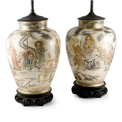 Lot 72 - Pair of Satsuma Style Porcelain Lamps Each of...