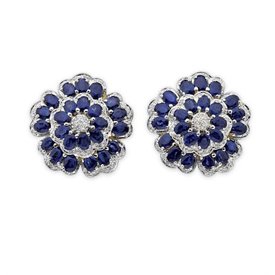 Lot 222 - Pair of Sapphire and Diamond Flower Earclips