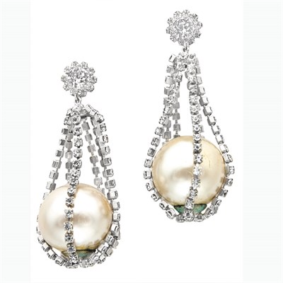 Lot 387 - Rhinestone Caged Faux Pearl Dangling Earrings...