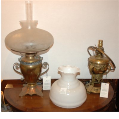Lot 408 - Two Brass and Glass Oil Lamps Electrified....