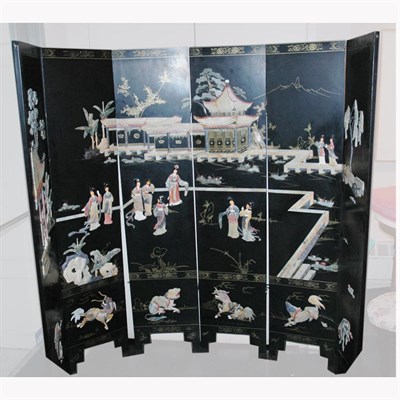 Lot 113 - Japanese Black Painted and Hardstone Six-Panel...