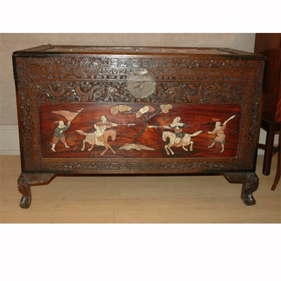 Lot 215 - Chinese Hardstone Inlaid Carved Wood Trunk...