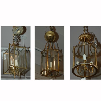 Lot 510 - Group of Three Brass and Glass Lanterns Height...