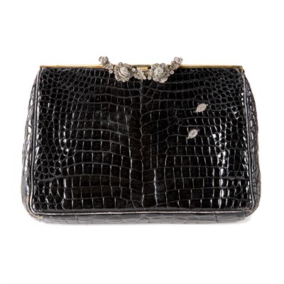 Lot 236 - Black Alligator Handbag Circa 1960 With floral...