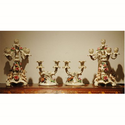 Lot 592 - Pair of German Porcelain Five-Light Candelabra;...