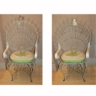 Lot 608 - Pair of White Painted Metal Fan Back Garden...