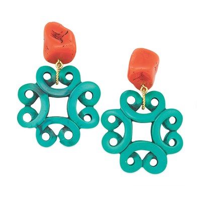Lot 45 - Coral and Jade Plastic Chandelier Earrings...