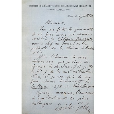 Lot 282 - ZOLA, EMILE Autograph letter signed, Paris 16...