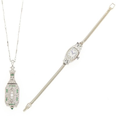 Lot 75 - Platinum, Diamond and Emerald Pendant-Watch with Diamond and Pearl Chain Necklace and Platinum, White Gold and Diamond Wristwatch