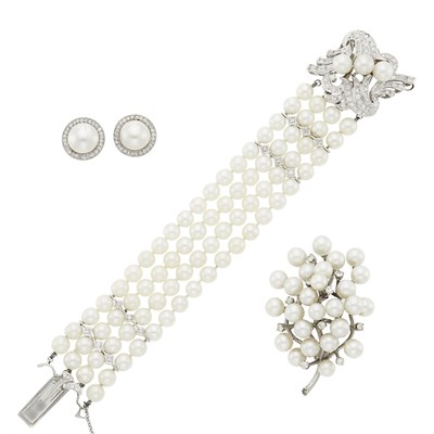 Lot 58 - Pair of Platinum, White Gold, Mabé Pearl and Diamond Earclips, Triple Strand Cultured Pearl and Diamond Bracelet and Brooch