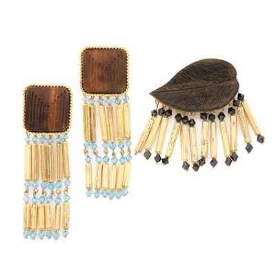 Lot 57 - Yves Saint Laurent Wood Dangling Pin and Pair...