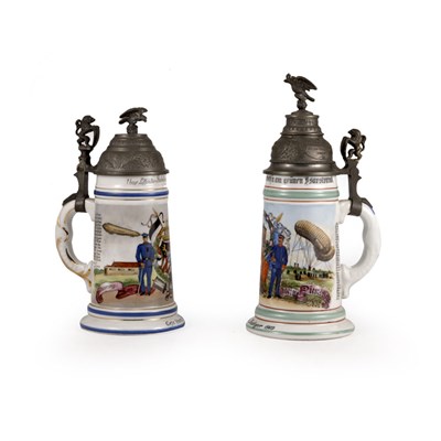 Lot 334 - Two German Pewter Mounted Ceramic Steins Each...