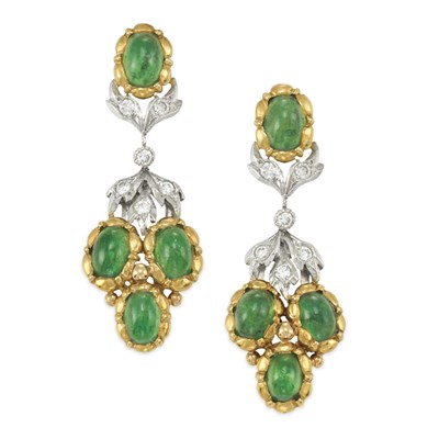 Lot 479 - Pair of Two-Color Gold, Cabochon Emerald and Diamond Pendant-Earclips, Gianmaria Buccellati