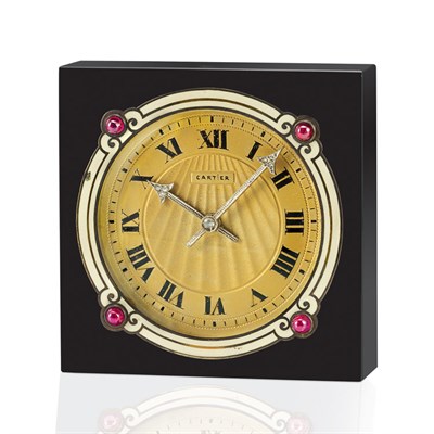 Lot 315 - Art Deco Black Onyx, Enamel, Cabochon Ruby and Diamond Desk Clock