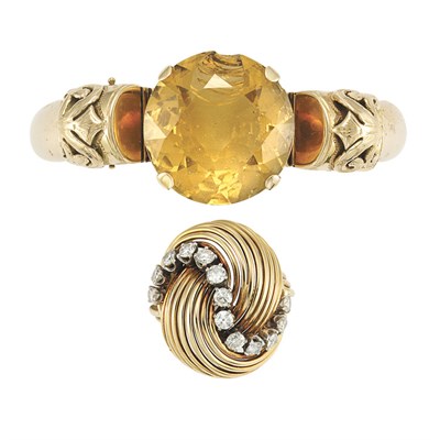 Lot 190 - Gold and Citrine Bangle Bracelet and Gold and Diamond Ring