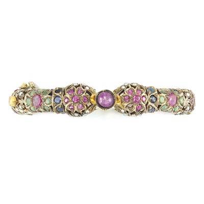 Lot 199 - Indian Gold, Colored Stone and Split Pearl Bangle Bracelet