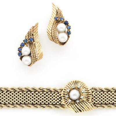 Lot 108 - Gold, Cultured Pearl and Diamond Bracelet-Watch and Pair of Gold, Cultured Pearl and Sapphire Earrings