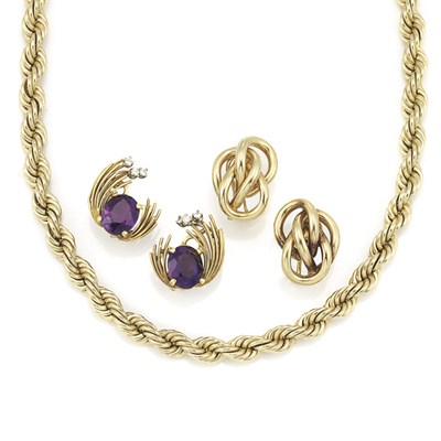 Lot 40 - Gold Necklace, Pair of Gold Earrings and Pair of Gold, Amethyst and Diamond Earrings