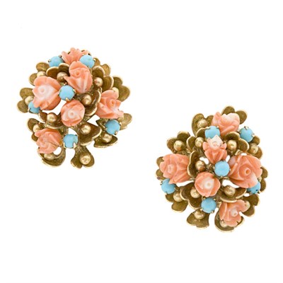 Lot 237 - Pair of Gold, Carved Coral and Turquoise Flower Earrings
