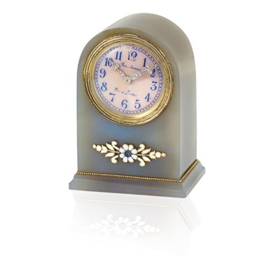 Lot 318 - Agate, Pink Guilloche Enamel, White Enamel, Diamond and Cabochon Sapphire Desk Clock, Boucheron