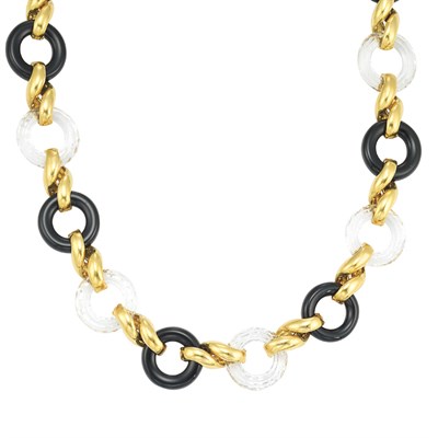 Lot 475 - Gold, Black Onyx and Faceted Rock Crystal Link Necklace