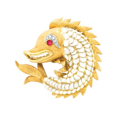 Lot 410 - Gold, Ruby, Diamond and White Enamel Fish Clip-Brooch