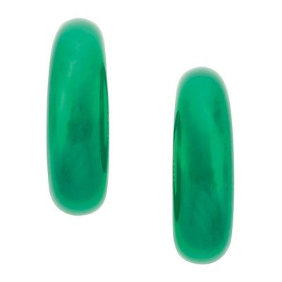 Lot 115 - Pair of Gold and Green Onyx Hoop Earclips, Tiffany & Co.