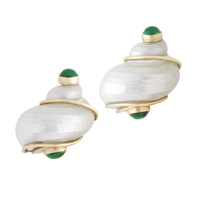 Lot 106 - Pair of Gold, Shell and Green Onyx Earclips, Seaman Schepps