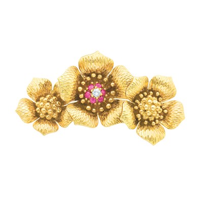 Lot 223 - Gold, Diamond and Ruby Flower Brooch, Tiffany & Co.