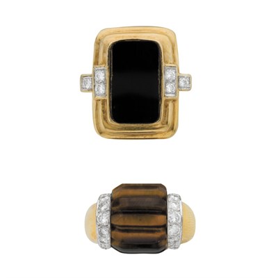 Lot 84 - Two Gold, Tiger's Eye, Black Onyx and Diamond Rings