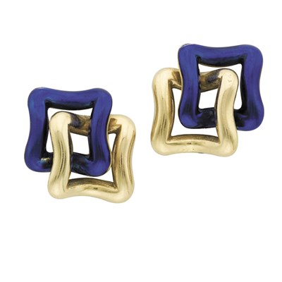 Lot 531 - Pair of Gold and Blue Enamel Earclips