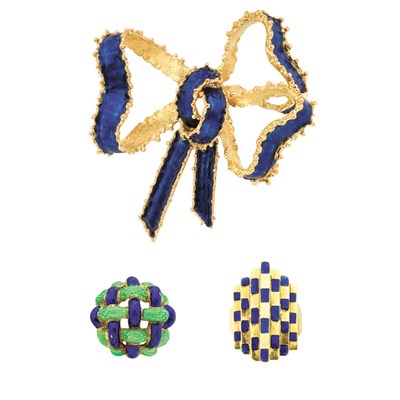Lot 81 - Two Gold and Enamel Rings and Bow Brooch