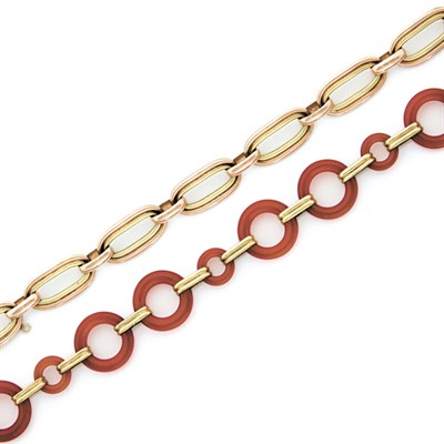 Lot 46 - Gold and Carnelian Bracelet and Two-Color Gold Bracelet