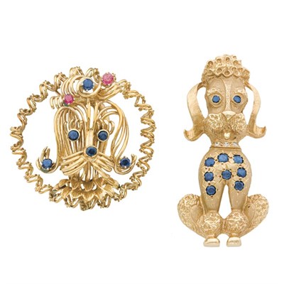 Lot 48 - Two Gold, Sapphire, Ruby and Diamond Dog Brooches