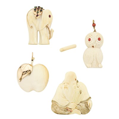 Lot 86 - Four Carved Ivory Pendants and Band Ring