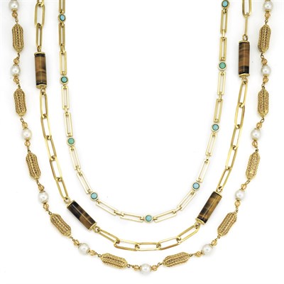 Lot 34 - Three Gold, Hardstone and Cultured Pearl Chain Necklaces