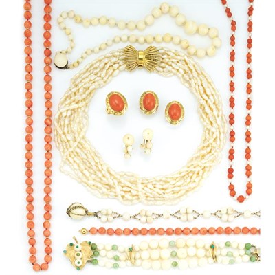 Lot 210 - Group of Coral Bead and Coral Jewelry and Freshwater Pearl Torsade Necklace
