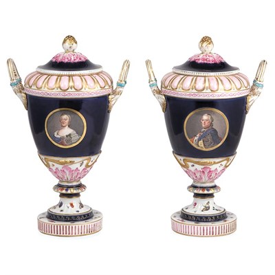 Lot 504 - Pair of KPM Porcelain Two-Handled Vases Each...